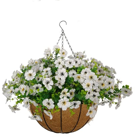 Hynbasea 12 Inches Artificial Violets Flowers with Hanging Basket Chain Flowers Plastic Plants for Garden and Indoor Decoration (White)