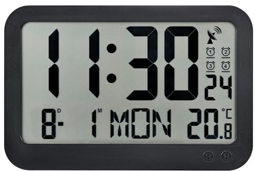 Atlanta Funk Wanduhr Tischuhr Wecker große LCD Digital Anzeige mit Temperatur 4 Alarme Snooze Tag Datum Rechteck - 4519
