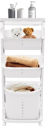 Cesto para la colada, 4 compartimentos, cestas de lavandería portátil, cesta de ropa de plástico con ruedas, cestas para guardar ropa sucia, mantas, edredones, etc., 43 x 29 x 115,5 cm (blanco)