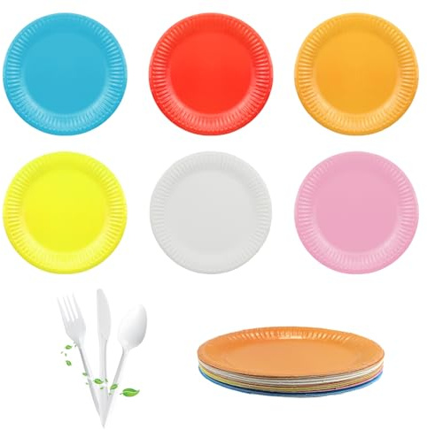 Elepl 120 Stück Partygeschirr Bunt Pappteller Rund Papier Teller Biologisch Abbaubar Dessertteller 7 Zoll Kuchenteller Papierteller Set für Hochzeit Geburtstag Party Babyparty DIY Malerei (6 Farben)