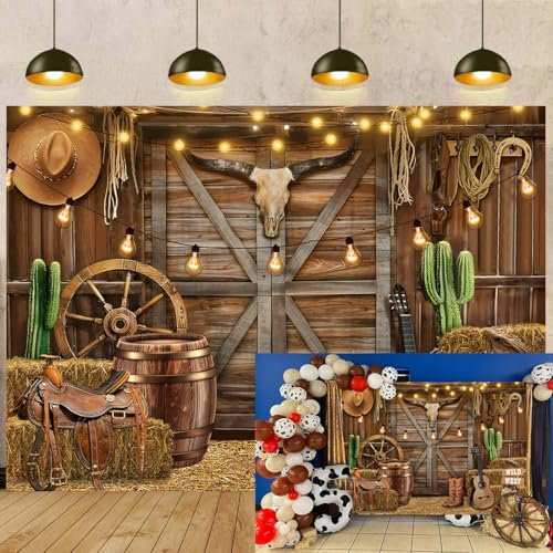 Toile de fond de cowboy occidentale - Décorations de fête occidentale - 2,1 x 1,5 m - Maison en bois rustique - Pour photographie de portrait - Fournitures de fête d'anniversaire - Accessoires photo