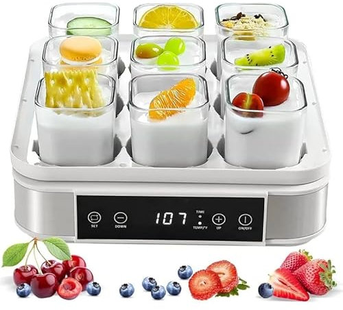 SONLED Yaourtière numérique, Machine à Yaourt, avec 9 Pots en Verre, avec Affichage LED et minuterie, récipients en Verre/Pots de Yaourt de 52 oz, Nettoyage Facile, pour Yaourt Biologique Domestique