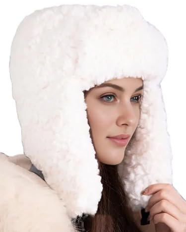 Warme Kunstfellmütze Bomber Hut Wintermütze Trappermütze mit Ohrenklappen Damen/Herren Niedliches Bärenohr Design Fellmütze Russland Skimütze Outdoor Winter Warm Fellmütze Ski Trapper Hut Weiß