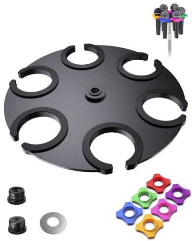 jidinung Multi-Mic Holder Up to 6 Mics (Aluminum/Rubber Padding) for Handheld Dynamic, Wired & Wireless Mics, Mic Stand Organizer, Mounts to 5/8-27 or 3/8-16 Threaded Stands