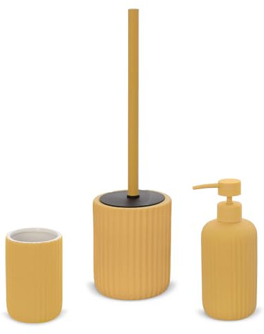 Inbagno Set Accessori Bagno 3 Pezzi in Ceramica Giallo cannettato, Dispenser Sapone portaspazzolini e portascopino Soft Touch, Spring