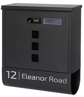 Housics Personalised Wall Mounted Post Box with Combination Lock - Weatherproof Contemporary Letter Box, Alloy Steel Modern Mailbox with Newspaper Slot, Secure Lockable Postbox for Home & Office (D2)