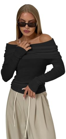 Gkaopi Maglietta a Manica Lunga Donna Scollo a V Sexy Maglia Spalle Scoperte Magliette Tunica Top Basic Top Leggero Autunno Inverno Casual T-Shirt
