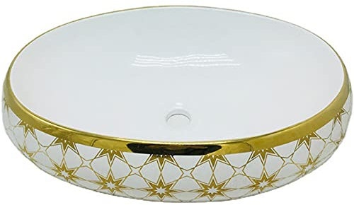 CAFIEDR Moderno lavabo Ovale in Ceramica, lavabo da appoggio per bagni, lavabo da appoggio in Ceramica, lavabo da appoggio, per ristrutturazione del Bagno, B:(B:Piccolo Oro 49x34x15cm)