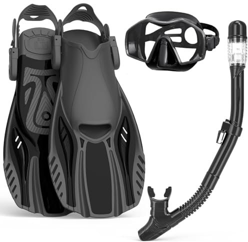 Schnorchel-Set für Erwachsene mit Flossen, Schnorchelmaske mit verstellbaren Schwimmflossen, Trockenschnorchel, Panoramablick, Schwimmbrille, Schnorchelpakete, Schnorchelausrüstung zum Schnorcheln