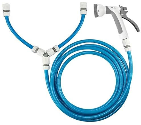 DIAH DO IT AT HOME 5m Blue Dog Shower Hose Kit with Y-Mixer for Hot & Cold Water Taps - Warm Pet Bath Sprayer with Multi-Pattern Spray Gun & Quick Connects for Indoor/Outdoor Grooming & Washing
