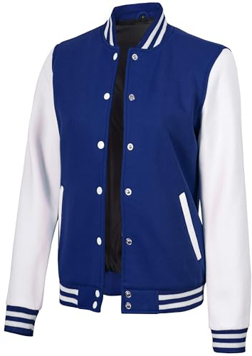 Decrum Royal Blue Varsity Bomber Jackets For Women - Fashion Baseball Jacket | [40056175] Plain White Sleeve, XL