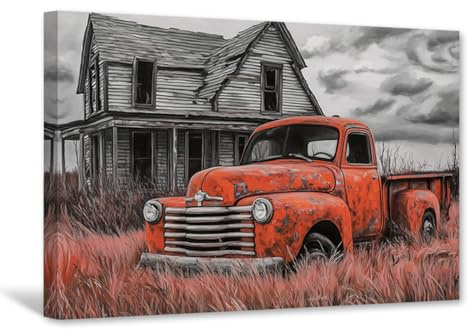 CXHOSTENT Bauernhaus-LKW-Leinwandbild altes Auto Bilderdruck rustikales Bauernhof-Gemälde Vintage-Landschaft Wohnzimmer- und Küchendekor gerahmt (30L x 45B cm)