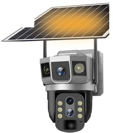 VEKELETE Telecamera 4G a 3 Lenti, Scheda SIM 4G da 12 MP, Telecamera CCTV Solare, PTZ, Zoom 10X, Telecamera IP di Sicurezza 4G a Batteria con 3 schermi for Esterni(4G Camera No Card)