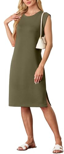 GRECERELLE Robe midi d'été 2025 décontractée à col rond pour femme, robe chemise élégante, sans plis, sans manches, avec fente et poches, vert militaire, L