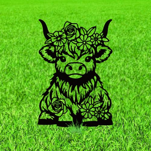 WADORN Highland Cow Silhouette Gartenstecker Dekor, Metall Geschenke Für Kuhliebhaber Pfähle Statuen Ornamente Für Gartenkunst Schwarze Silhouette Garten Außendekor Für Außendekoration, 38x18cm