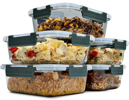 uandu Set di 5 Contenitori Ermetici per Alimenti in Vetro Borosilicato con Coperchio, Meal Prep, Senza BPA, per Microonde, Forno, Frigo, Freezer e Lavastoviglie