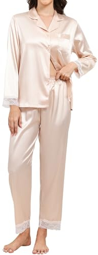 TeJoyce Pigiama Lungo in Raso di Seta per Donna, Completo Pigiami con Pizzo per Autunno e Inverno, Due Pezzi Camicia con Bottoni e Pantaloni, Loungewear in Silk Morbido ed Elegante (Champagne, XL)