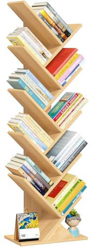 LELELINKY Kleines, schmales Bücherregal in Baumform, 10 Ablagen, Natur | 34 × 20 × 101 cm, Kompaktes Standregal, für Bücher, CDs und Zeitschriften, für Wohnzimmer Schlafzimmer und Büro kleine Räume