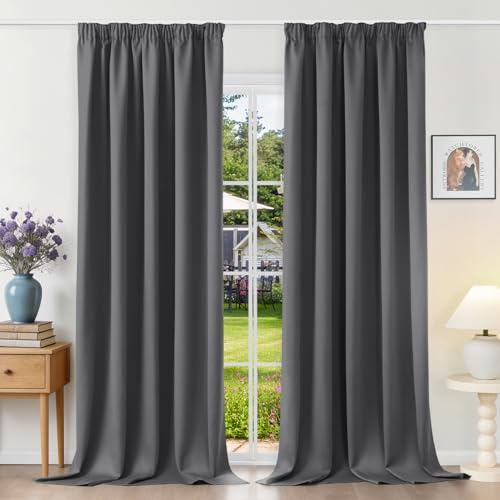 Runyéla Cortinas Opacas para Salón y Dormitorio, 2 Paneles Cortina Termica Moderna para Riel y Anillos con Bloqueo de Rayos UV Gris Oscuro 140x260 cm Blackout Curtains For Living Room