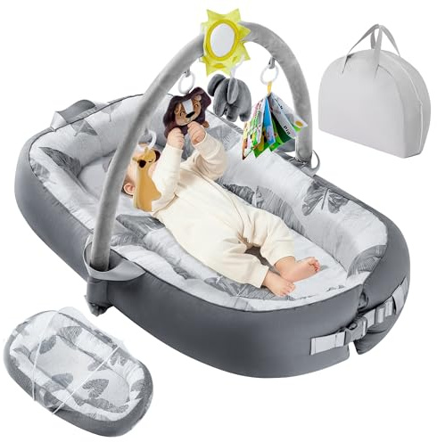 Swaathani Portable Baby Lounger for Travel,Breathable & Comfortable 100% Cotton Infant Lounger, Baby Nest 0-24 Months Machine-Washable Newborn Lounger Newborn Essentials,Supervised Use (Gray)