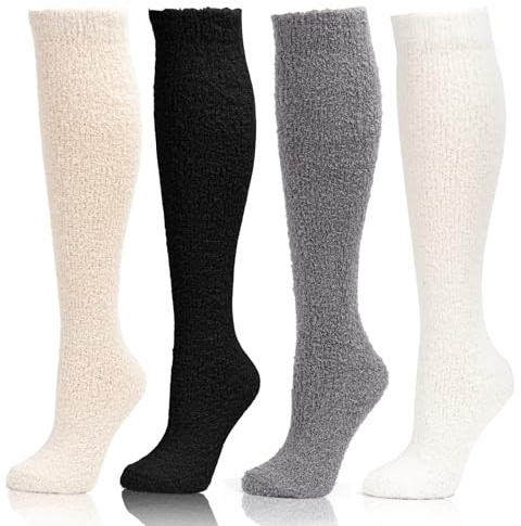 Dzpuhuojz Fluffy Socks for Women, Thigh High Socks, High Knee Winter Cosy Thermal Warm Sock, 4 Packs Fashionable Bed Leg Boot Sock, Christmas Birthdays Thanksgiving Gifts for Ladies women Girls