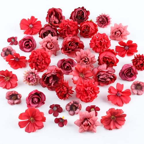 BellaGesundheit 40 Stück Kunstblumen zum Basteln, 2.5~8cm Künstliche Seidenblumen, Mini-Deko-Blumen für DIY Hochzeitsdeko, Party, Scrapbooking, Haarschmuck, Home Decor (Rot)