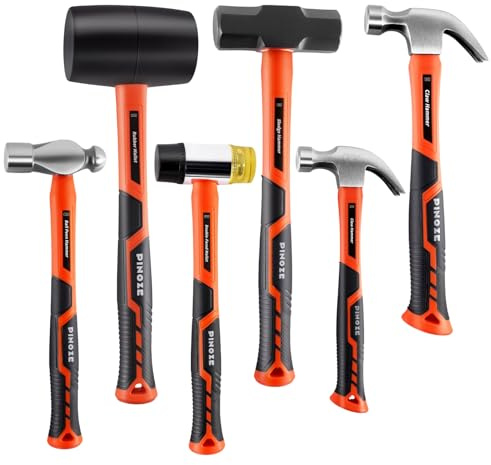 PINOZE 6-Piece Hammer Mallet Set with Fiberglass Handle Forge Steel Head, 16oz Ball Pein Hammers | 32oz Rubber Mallet | 3lb Sledge | 16oz & 8oz Claw Hammer | 22oz Double-Faced Mallet