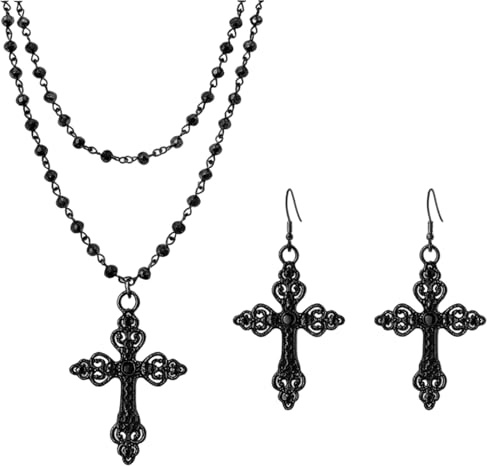 QhgPnt Gothic Layered Pendant Choker, Black Choker with Cross Necklace, Goth Jewellery Set for Women, Gothic Fashion Accessory, Halloween Costume Jewelry, 1 Necklace and 1 Pair of Earrings