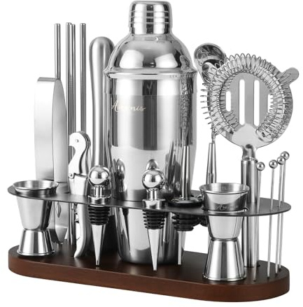 Cocktail Shaker Set Bartender Kit with Stand | 23-Piece Bar Set Drink Mixer Set with All Essential Bar Tools: Martini Shaker, Jigger, Strainer, Spoon, Muddler, Pourers, for Home, Bar, Party