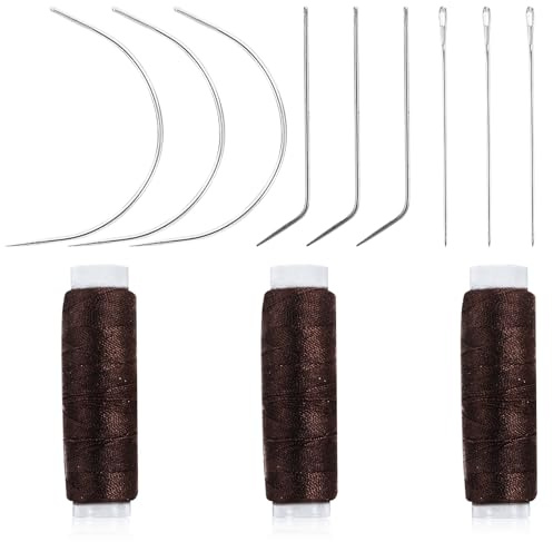 12 agujas e hilo para tejer el pelo, kit de herramientas profesionales para extensiones de cabello, herramientas para extensiones de cabello, aguja curvada, hilo para hacer una peluca (marrón)
