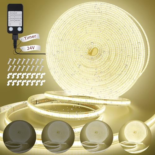 StarryEver 10M LED Strip Lights Outdoor, 24V 3200 LEDs Dimmable Plug-in COB Strip Light with Timer CRI90+ Cuttable Flexible for House Garden Camping DIY Decor(Natural White 4000K)