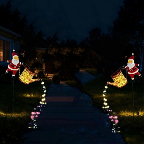 Genérico 2026 Nuevo Regadera Solar Navideña con Luces de Papá Noel, Regadera Colgante Metálica Impermeable con Luces LED de Hadas, Decoración para Jardín, Césped, Patio o Terraza (2set)