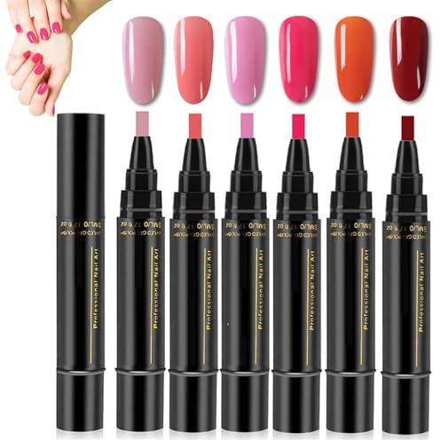 6PCS Polish Nail Polish Pens, Nail Polish Pens, Nail Varnish Pens, 3 In 1 Gel Nails Polish Pen Set, Non UV Gel Nails Polish Crafts Pen, DIY Nail Pens for Girls and Ladies