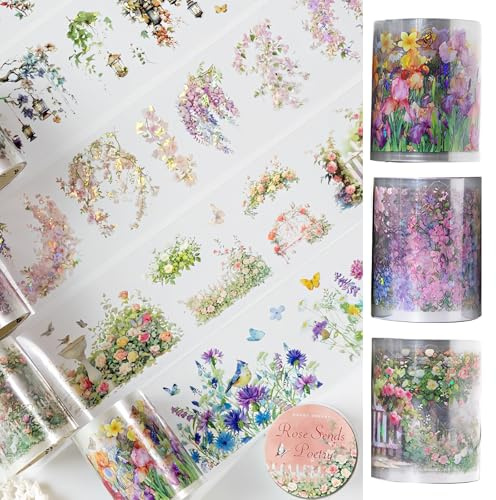 DabbOo 3 Rouleaux Autocollants de Fleurs en PET et Washi Scrapbooking Autocollant Tape pour Scrapbooking, Adaptés aux Albums de Scrapbooking, aux Bullet Journaux, aux Journaux