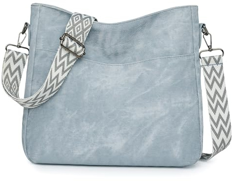 Outplea Boho axelväska kvinnor, hobbo vintage crossbody handväska väska med justerbar bred rem, PU-läder axelremsväskor med dragkedja för daglig pendlingsträning, Ljusblått, en storlek