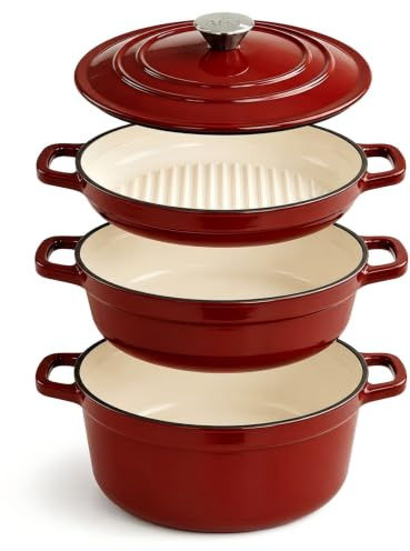 AHJ Gusseisen Topfset Emailliert, 4-teilig Dutch Oven,Induktion, 25cm, Rot | 4,5 L Brotbacktopf, 2,5 L Bräter & 1,2 L Grillpfanne, stapelbar, Induktion, bis 260 °C, Rezept & Pflegeheft