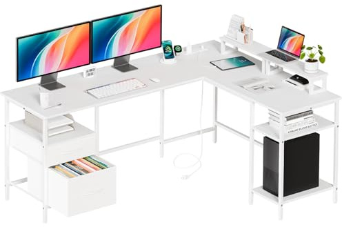 DUMOS 62 Inch L Shaped Gaming Desk with Charging Station & 2 Monitor Stands, Computer Desk with Drawer & Adjustable Storage Shelves, Large Corner Desk for Home Office, White