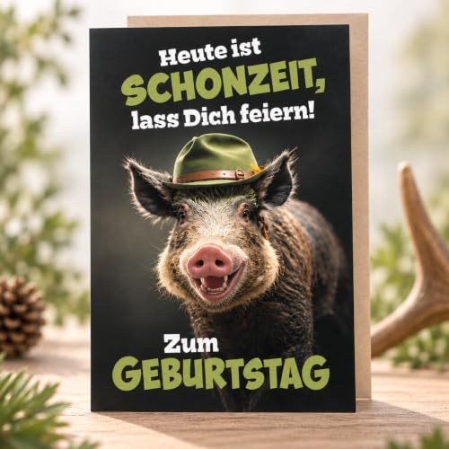 Michel Verlag Lustige Glückwunschkarte ZUM GEBURTSTAG für Jagd Jäger Jagdfreund | Jagdmotive Flinte Büchse Jagdhorn Tiere | Klappkarte Wildschwein Schonzeit | 12x17cm, inkl. Umschlag. Made in DE