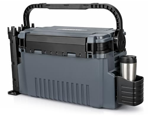 2-stöckig Groß Angelkoffer Tackle Box mit Rutenhalter & Becherhalter, klappbarem Tragegriff, 43×23×28cm Angelbox Angel Zubehör Organizer Angelzubehör Kunstköderbox, Angelboxen, Angelkasten (Grey)