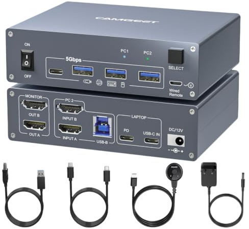Dual Monitor KVM Switch 1 Laptop+1 Desktop, 4K KVM Switch Docking Station | USB C & HDMI KVM Switch 2 Monitors 2 Computers with 4 USB 3.0 Ports, MST, PD 80W Charging, USB-C 3.1 Cable & Wired Remote