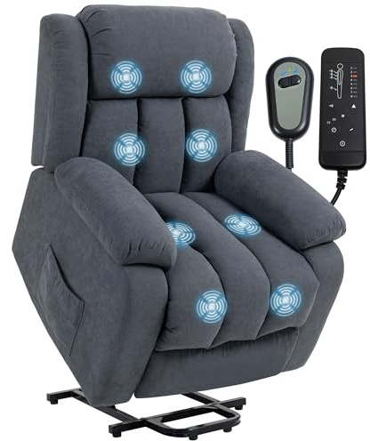 HOMCOM Poltrona Elettrica Alzapersona Reclinabile 135°, Poltrona Relax Massaggiante 8 Punti in Tessuto Effetto Lino Traspirante per Anziani con Telecomando, Poggiapiedi, Tasca Laterale, Grigio Scuro