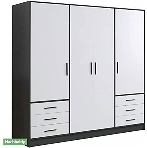 FORTE Jupiter 200 210 Armoire à portes battantes 4 portes avec 6 tiroirs et étagères Noir et blanc 206,5 x 60 x 200 cm
