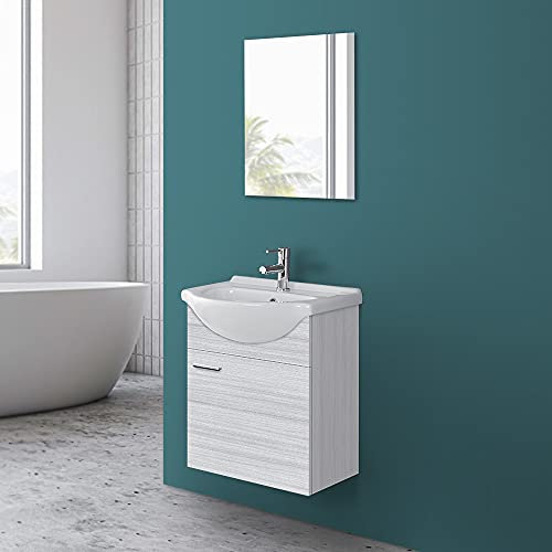 Inbagno Mobile Bagno sospeso 55 cm Grigio, Design salvaspazio con 1 Anta, arredo Bagno Completo di lavabo e Specchio