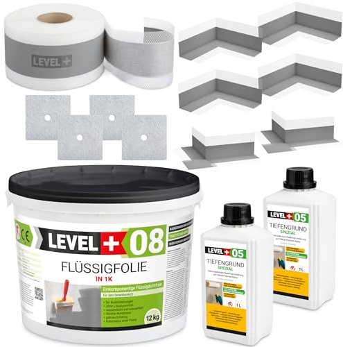 Dicht-Set Bandset Dusche Bad 12 Kg Flüssigfolie, 2L Tiefengrund 20m | Dichtband, 4 Innenecken, 2 Außenecke, 4 Wandmanschetten SET101