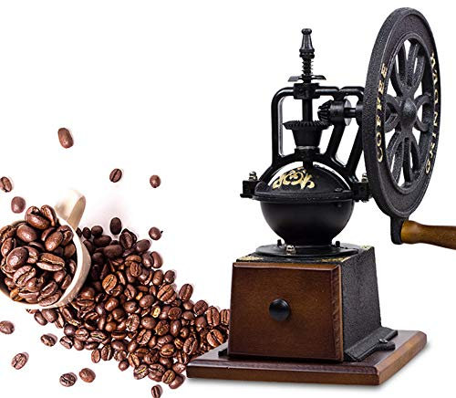 Manuelle Kaffeemühle, Haushalts-Gusseisen-Handkurbel-Kaffeemühle, Riesenrad-Bohnen-Mahlmaschine mit Mahleinstellungen und Fangschublade