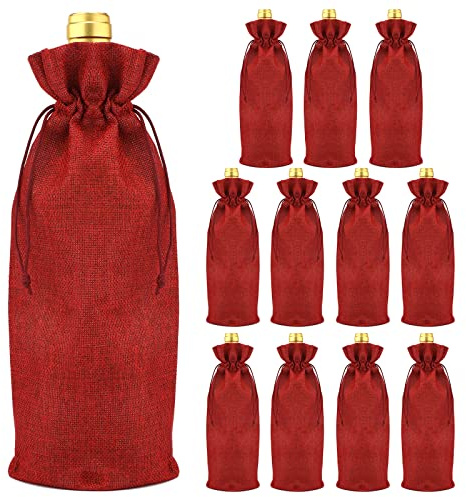 G2PLUS 12 Stück Jute Weinbeutel, 36x16cm Weintasche mit Kordelzug, Sackleinen Geschenkbeutel für Wein Champagner Hochzeit Weihnachten Party (Weinrot)