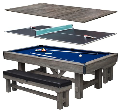 Hathaway Logan 7 Foot Pool Table Combo with Benches – Billiard Table with Ping Pong and Dining Tops – Comes with Complete Game Accessories and Built-In Storage - Rustic Gray Barnwood Finish, Blue Felt