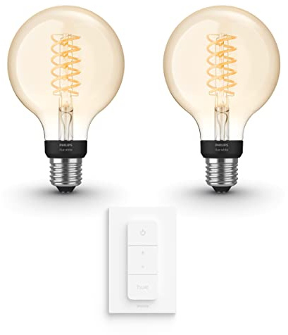 Philips Hue Vorteilspaket - E27 - mit 2 Filament Globe Lampen Klein (G93) - Warmweißes Licht - inkl. 1 Hue Dimmschalter - Hue White Filament