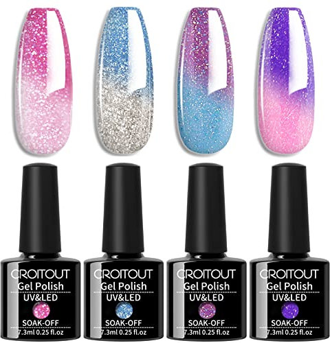 Croitout UV Farbwechsel Gel Nagellack Set, Thermo Shellac Gellack Kit, Mehrfarbig Ablösbarer Nagelgel Farbgel Nagel, Chameleon Polish Set 4 x 7.3ml (4WB-017, 4WB-017)