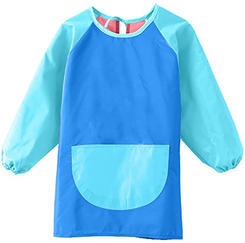 Herbests Bastelschürze Kinder, 9-12 Jahre Kinder Malkittel Malschürze Wasserdichter Kunstkittel mit mit Langen Ärmeln & Taschen für Malen, Kochen, Basteln, Ton für Jungen und Mädchen,Blau